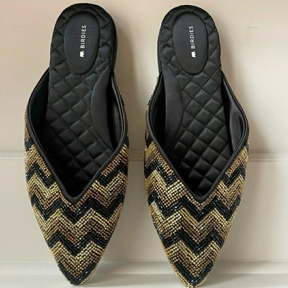 Birdies The Swan Beaded Art Deco Chevron Mule Flat in Black & Gold NEW Size 10.5 - Picture 4 of 9